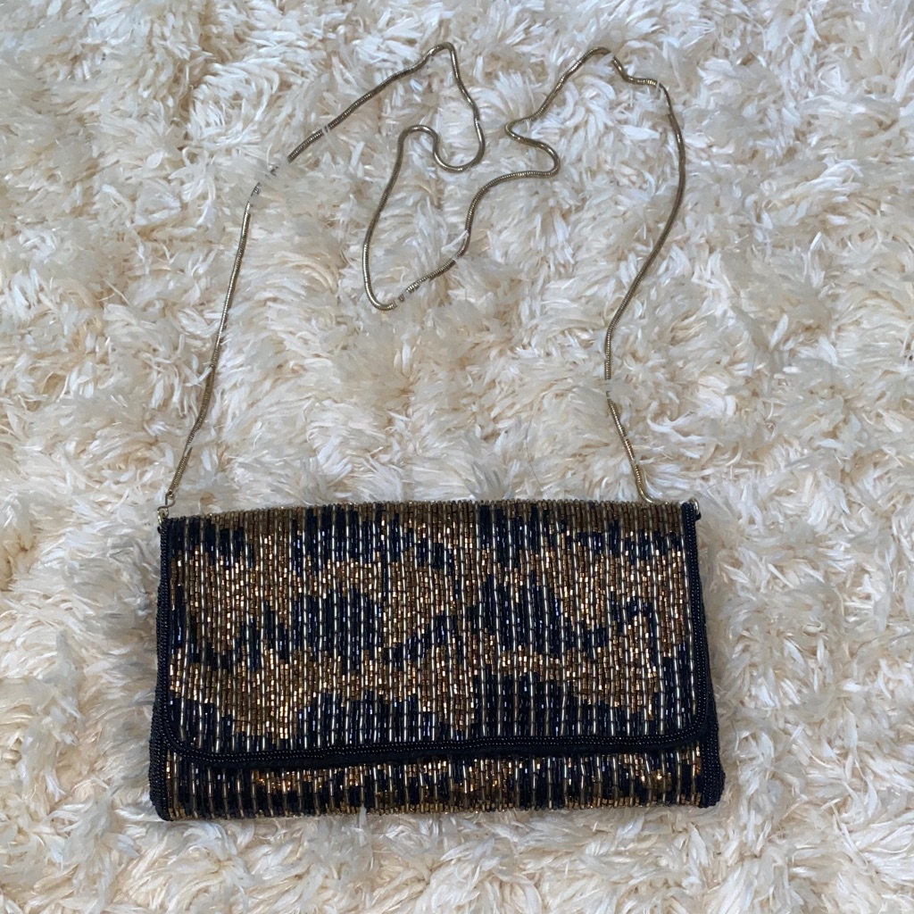 Vintage Handmade La Regal Elegant Black And Gold Clutch Bag